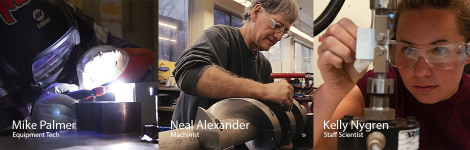 equipment tech Mike Palmer is welding, machinist Neal Alexander is tightening a bolt, and staff scientist Kelly Nygren is inspecting a material sample, showcasing the unique collection of individual employed at CLASSE.